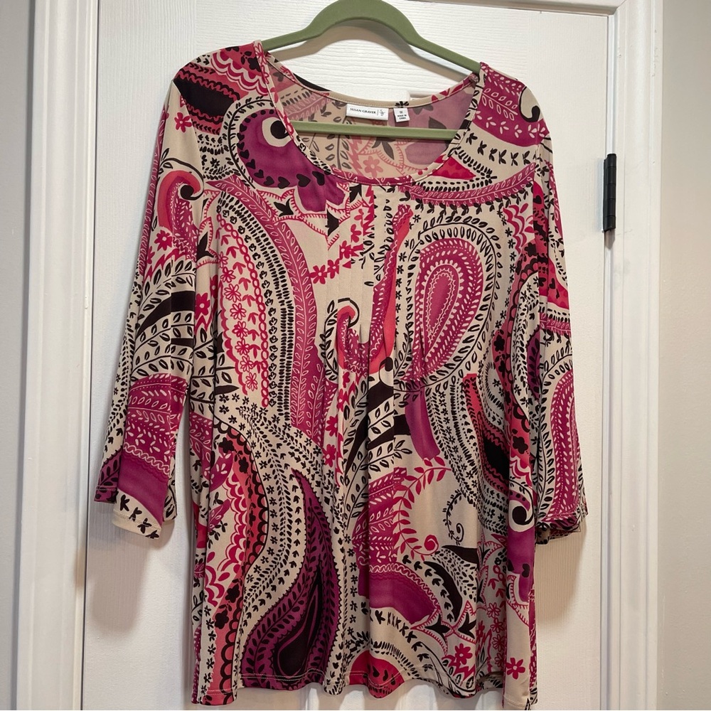 Susan Graver Pink Graphic 3/4 Sleeve Blouse NWOT